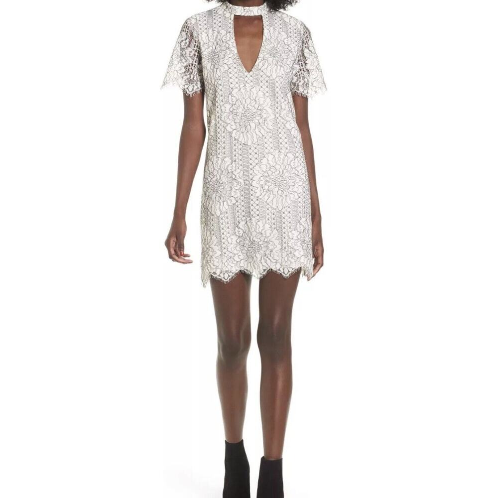 SOCIALITE Nordstrom White Black Floral Lace Dress High Neck Keyhole XS-Small